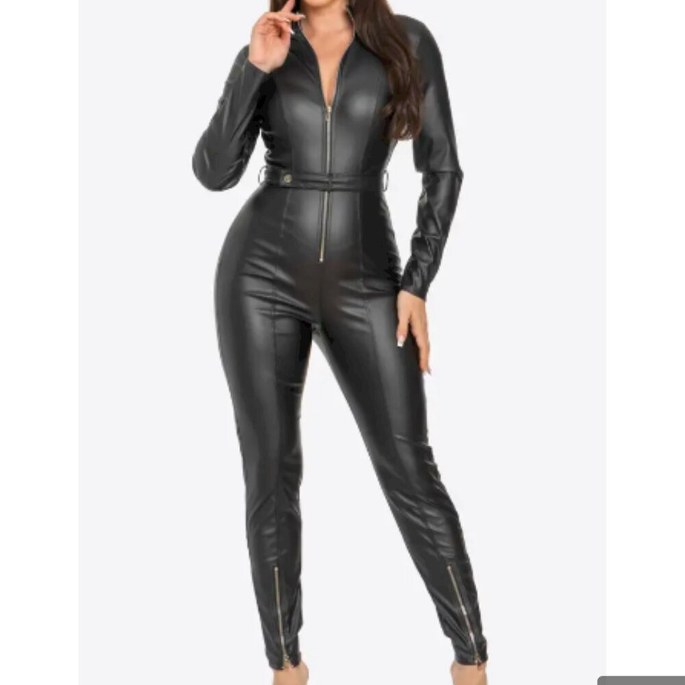 Vegan Leather Jumpsuit With Zipper Embellishment